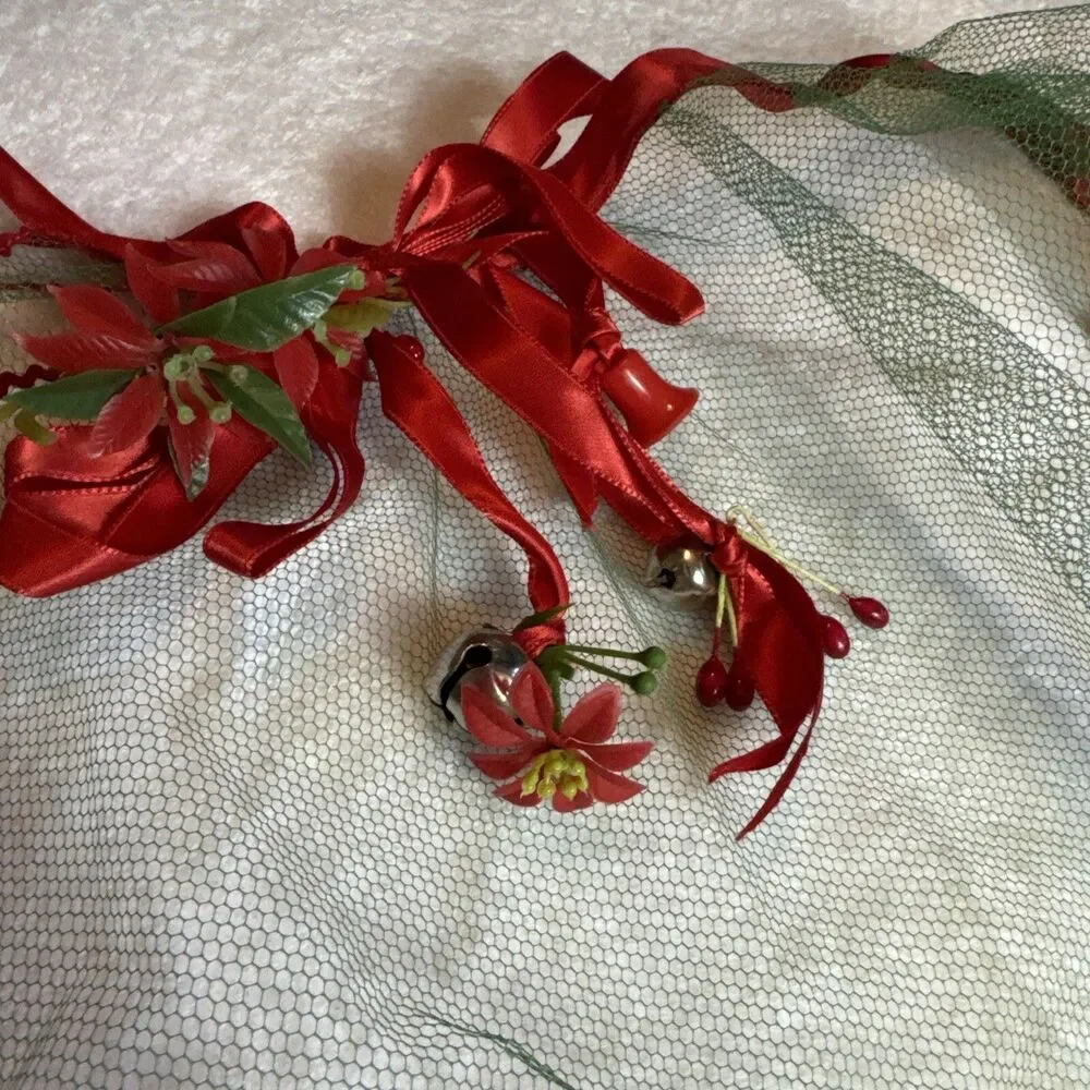 Christmas Apron Poinsettia And Jingle Bells Green Red Vtg MCM Retro Sheer Half